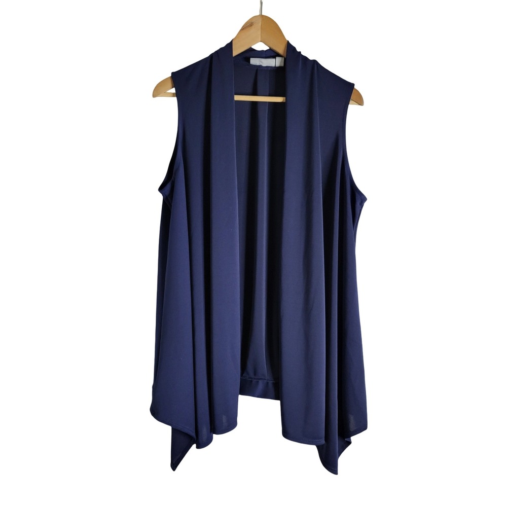 Susan Graver Style Premier Navy Blue Open Front Draped Waterfall Vest M Breezy
